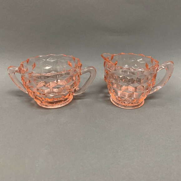 Jeanette Cube Depression Glass Pink Clear Creamer Mini Open Sugar Bowl - Picture 1 of 7